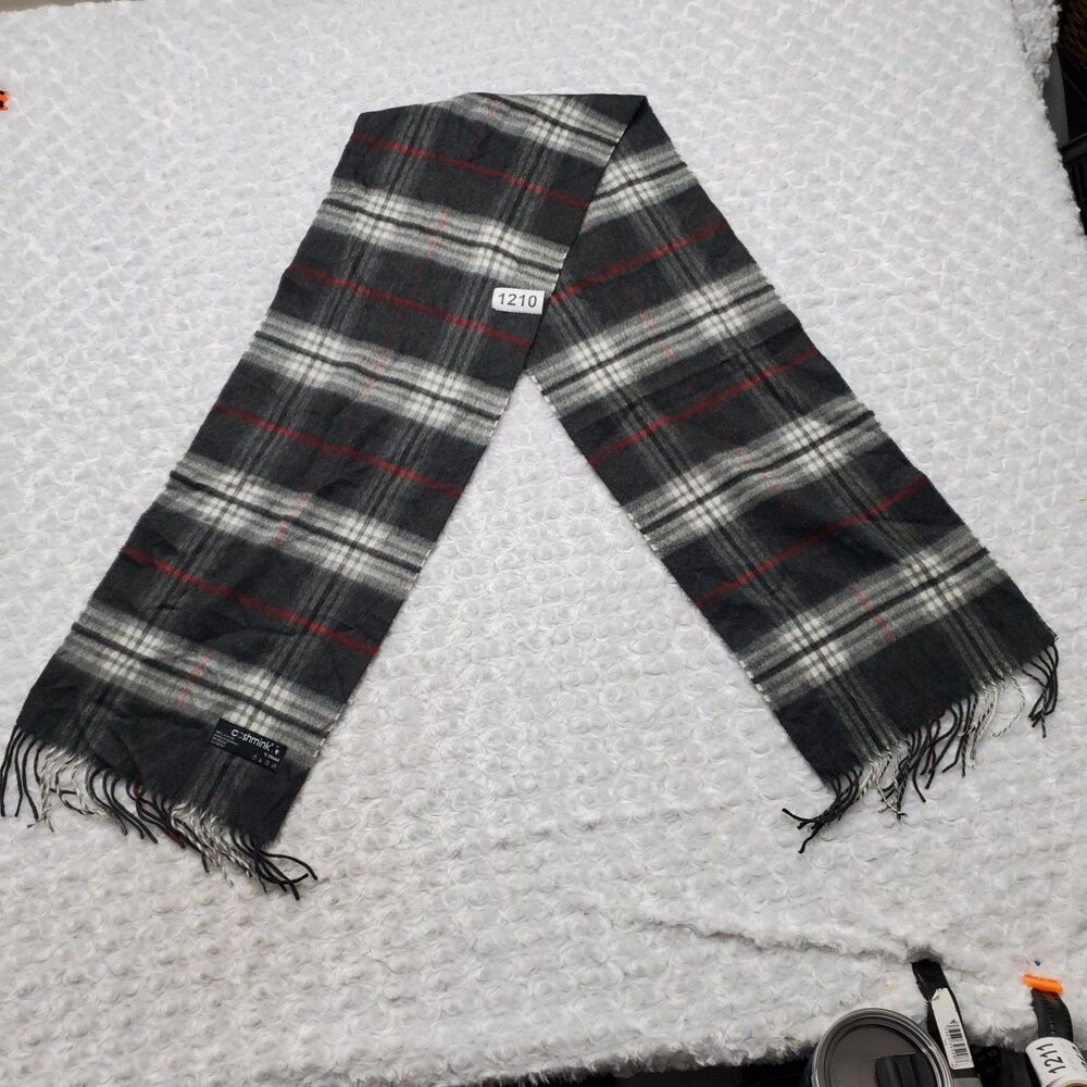 Cashmink by V. Fraas Germany Scarf Plaid Gray White Red Fringe Winter